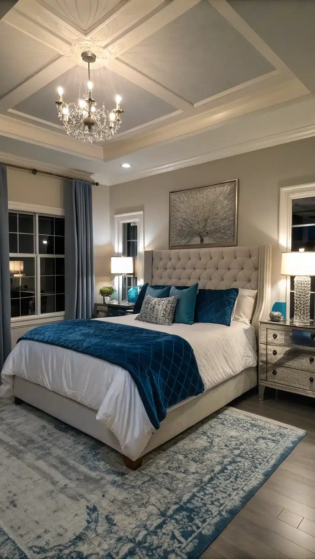 Master bedroom with tray ceiling, king-sized bed with white and blue bedding, nightstands with lamps, sheepskin rugs, styled dresser with mirror and perfume bottles, bay window seat with velvet cushion and faux fur throws, illuminated by diffused bedside and string lights.