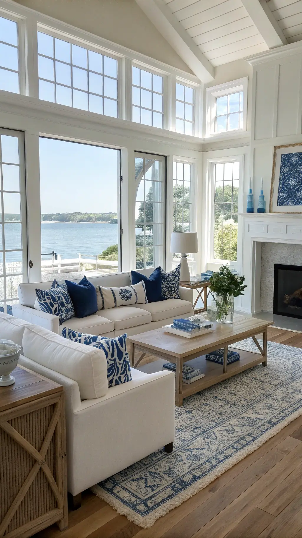 Bright, coastal-inspired living room with white sofas, blue decor accents, a fireplace adorned with eucalyptus and hydrangeas, and a wall of windows overlooking the water.