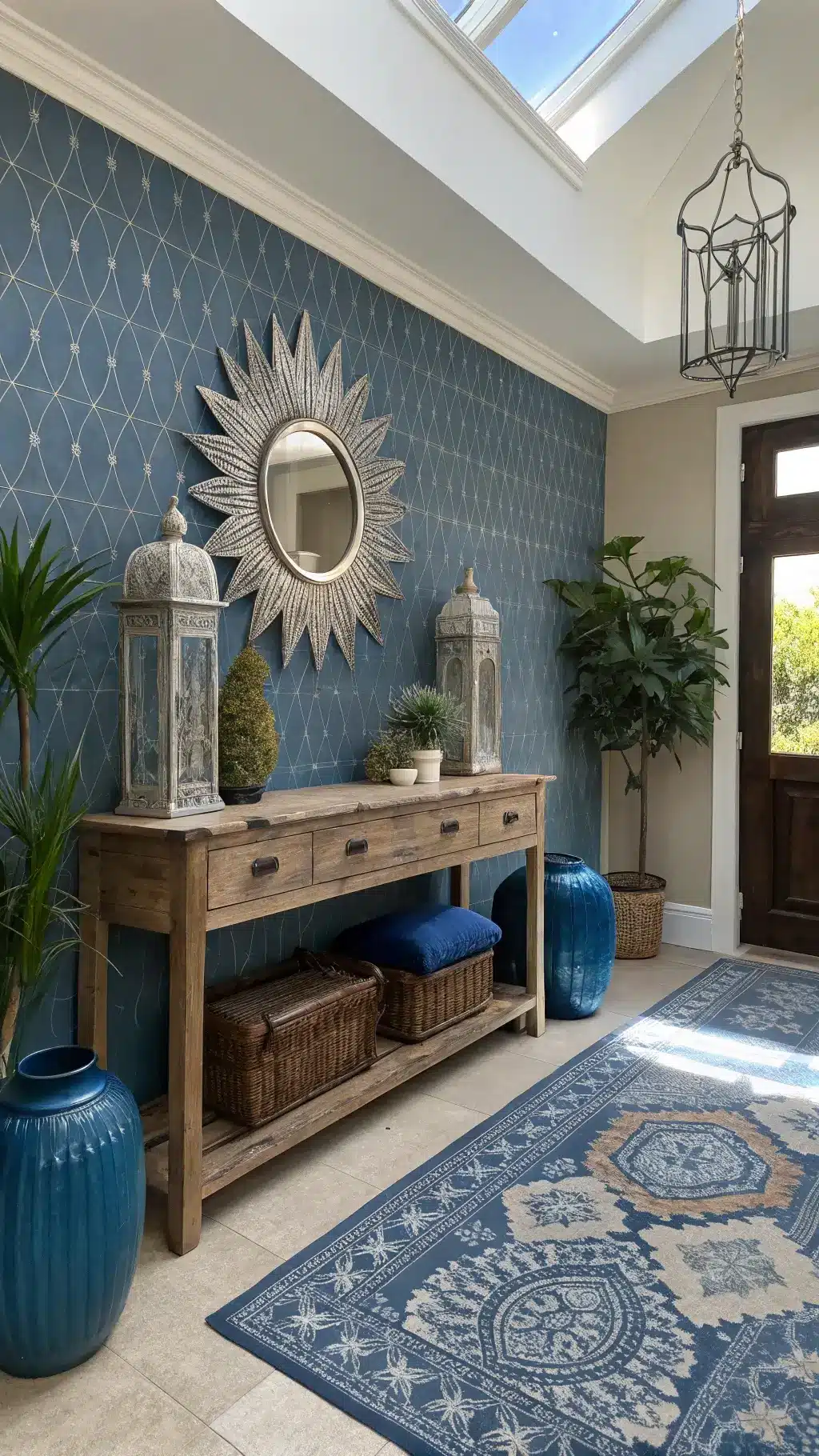 Moroccan-inspired boho entryway with blue grasscloth wallpaper, silver starburst mirror, weathered console table, blue pottery, silver lanterns, macramé plant hangers, rattan pendant light, and layers of patterned rugs, illuminated by morning light from skylight.