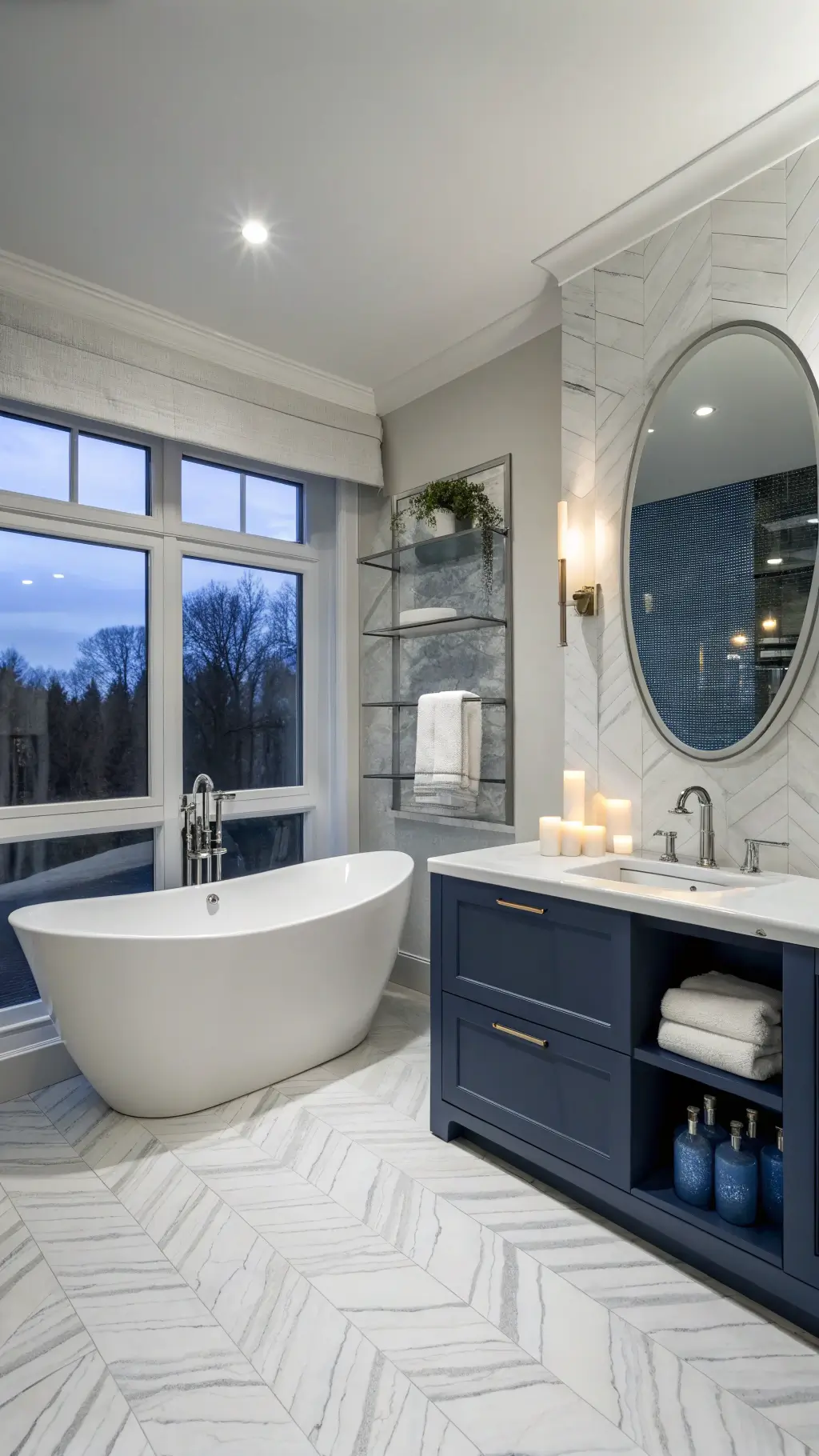 Elegant minimalist blue bathroom with marble herringbone floor, freestanding oval tub, chrome fixtures, navy vanity, and decorative silver candlesticks, under moonlight coming through a frosted window.