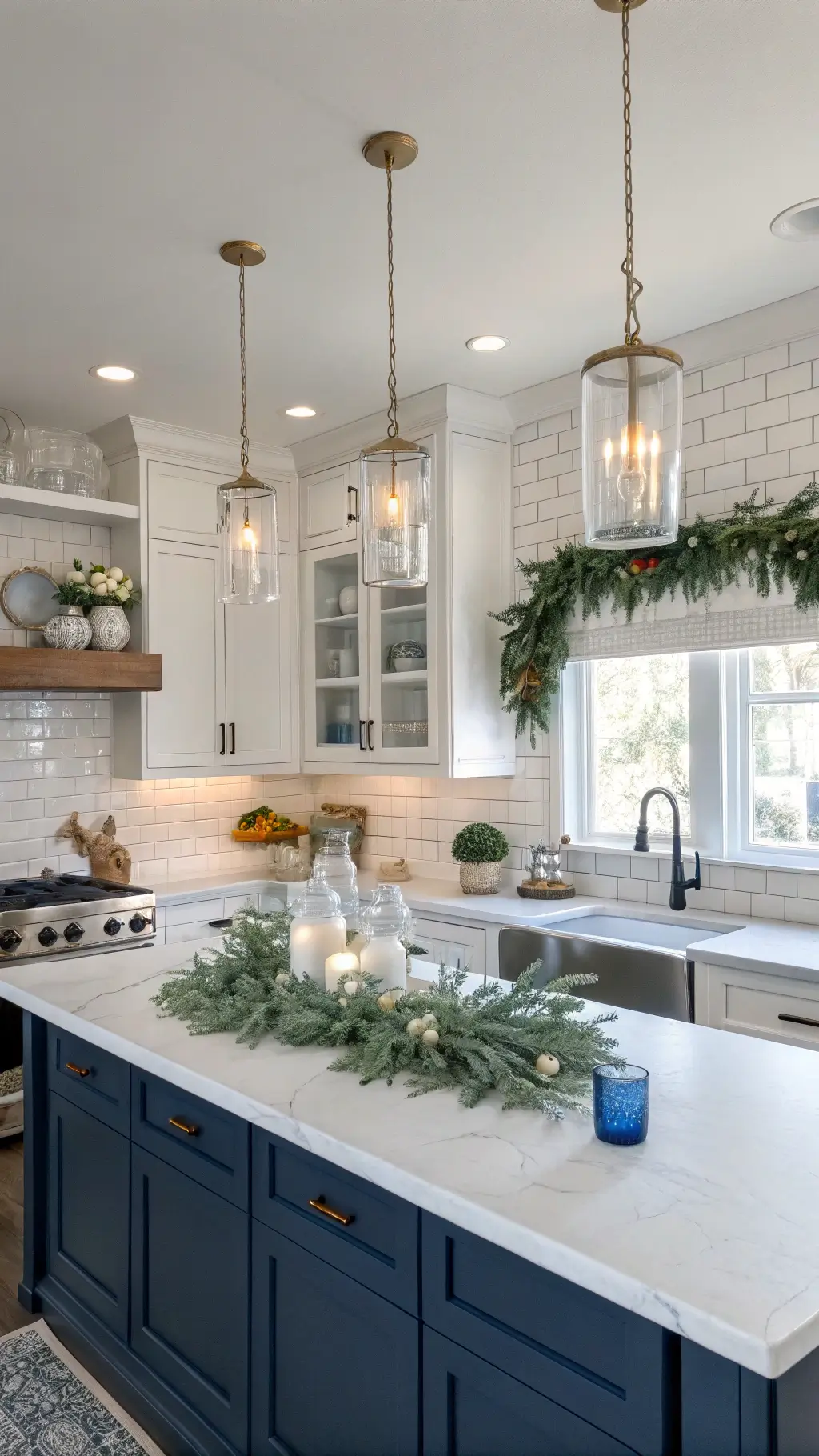 Bright and inviting kitchen with navy blue cabinetry, white marble island decorated with eucalyptus garland, glass pendant lights, subway tile backsplash with blue accents, open shelves displaying dishes and glassware, stools with blue patterned upholstery, and hanging copper cookware in morning light.
