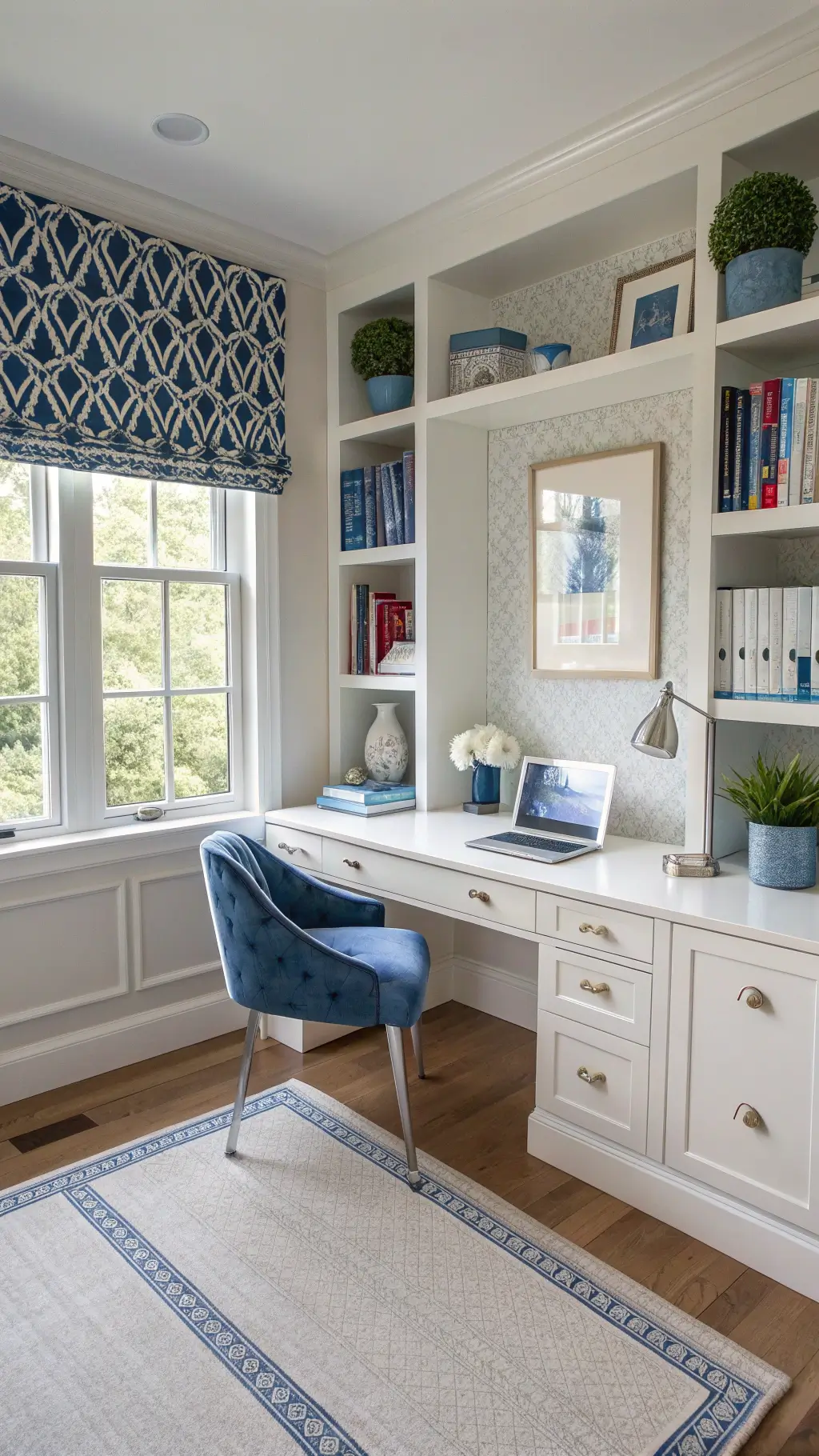 Home office in afternoon light featuring white desk with blue cushioned acrylic chair, styled built-in bookshelves, gallery wall with blue and white artwork, and navy blue accented windows; small white poinsettias and a blue glass vase of hydrangeas add a touch of nature.