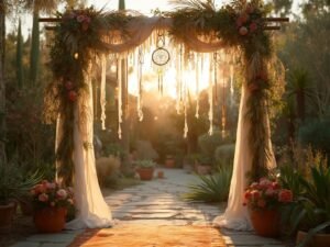 "Boho wooden wedding arch adorned with white chiffon, wild pampas grass, macramé hangings, and crystal prisms, in an enchanted garden setting at sunset"