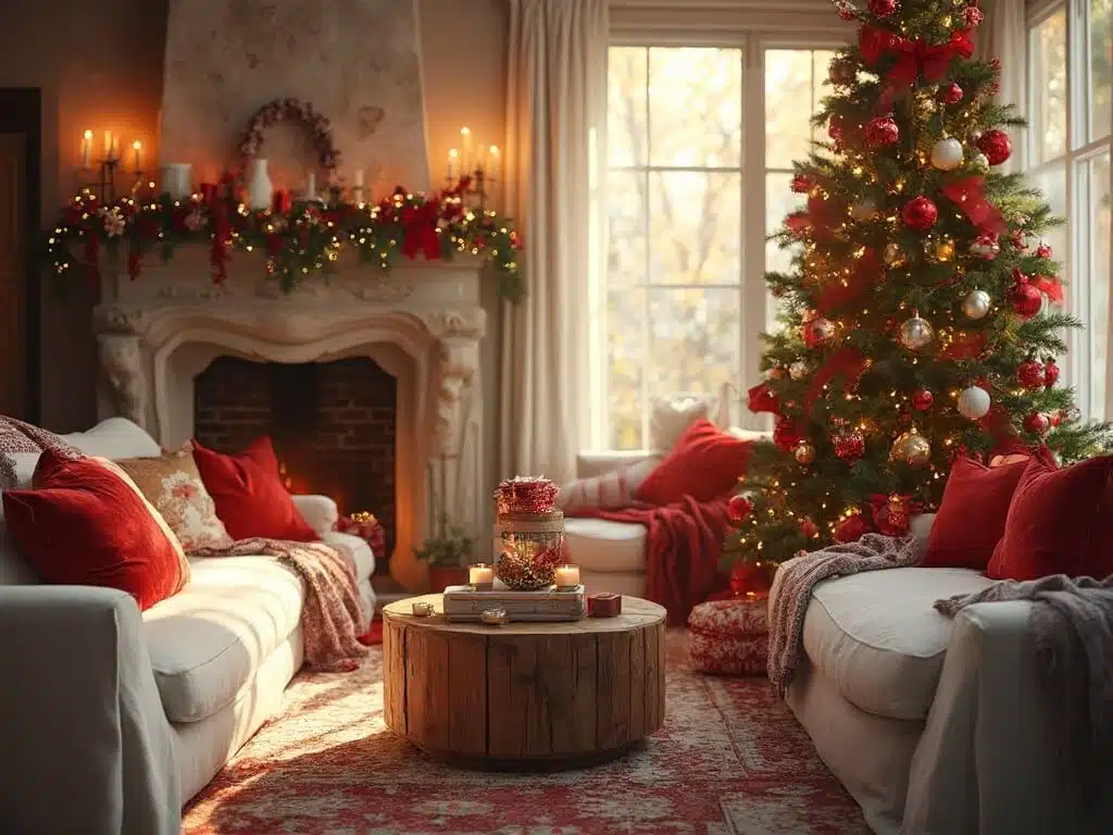 "Decorated Fraser fir in a cozy Christmas themed living room with red velvet pillows on a white sectional sofa, a limestone fireplace adorned with pine garland, and warm ambient lighting from both natural sunlight and candlelight."