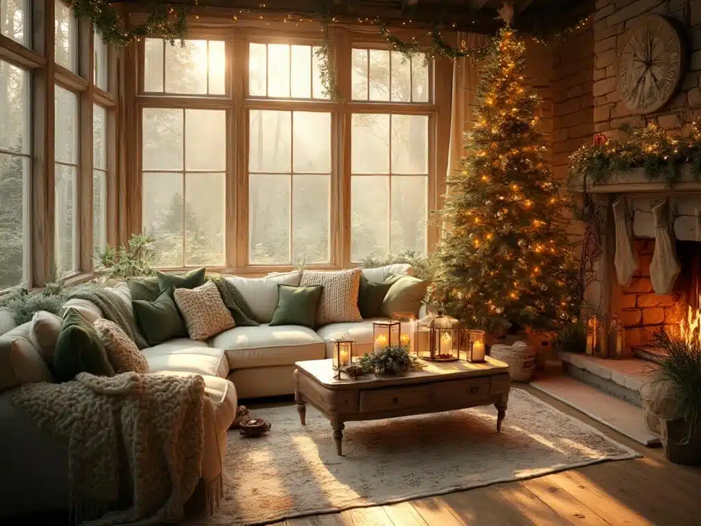 "Cozy Christmas living room during golden hour with a decorated tree, stone fireplace, cream sectional sofa, vintage decor, and warm sunlight streaming through the windows."