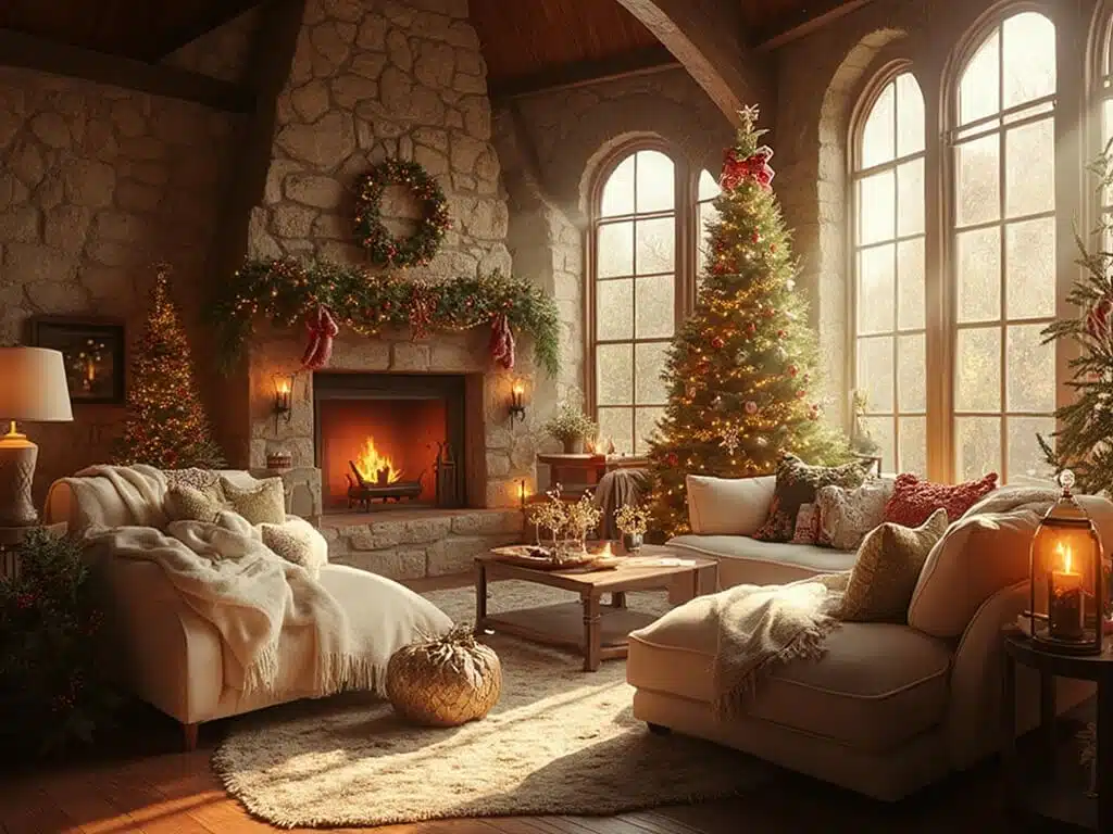 "Cozy Christmas living room with vaulted ceilings, sunlit stone fireplace adorned with pine garland, a decorated Christmas tree, and a plush cream-colored sectional sofa, in a warm, holiday-themed atmosphere."