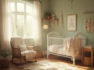 "Dreamy vintage nursery in golden hour sunlight with sage green walls, white iron crib, oak rocking chair, brass lamp, botanical prints, woven baskets, and gingham and lace textures."