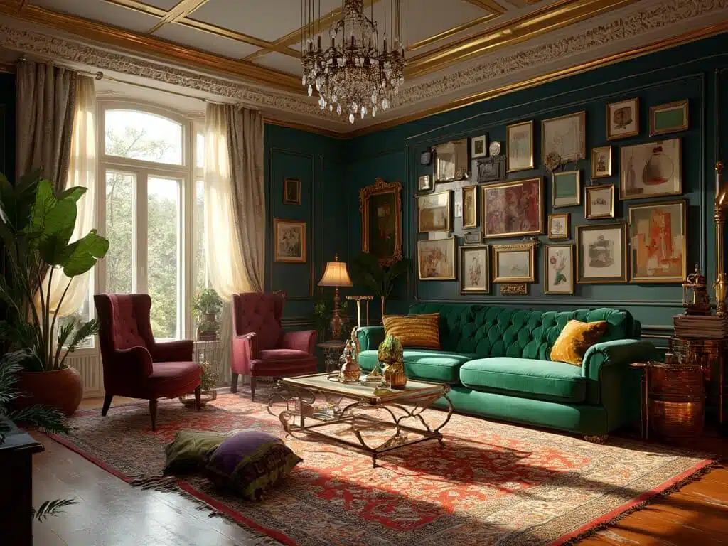 "Luxurious living room with emerald green Chesterfield sofa, burgundy wingback chairs, gold-framed gallery wall, crystal chandelier, textured throw pillows, and global artifacts bathed in golden hour sunlight"