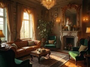 "Victorian parlor with chesterfield leather sofa, emerald chairs, mahogany table, and antique brass mirror above fireplace during golden hour"