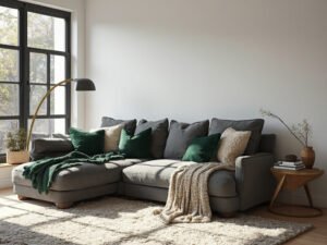 "Contemporary living room with charcoal grey sectional sofa, green and cream pillows, brass floor lamp, mid-century modern side tables, and floor-to-ceiling windows"