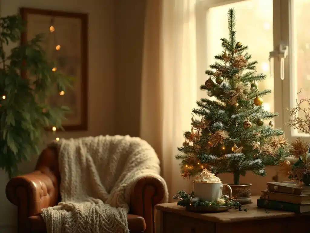 "Miniature Christmas tree with gold and green ornaments, fairy lights, and a vintage armchair in a cozy golden hour setting"