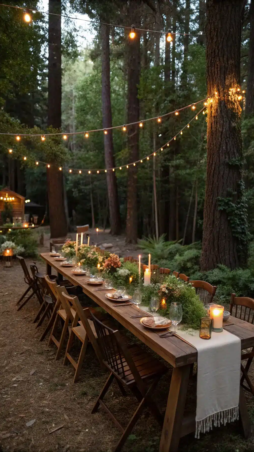 Forest reception with live-edge walnut table, vintage chairs, moss runner, brass candlesticks, fern centerpieces, and Edison bulb lights, viewed at a 45-degree angle against a bokeh forest background.