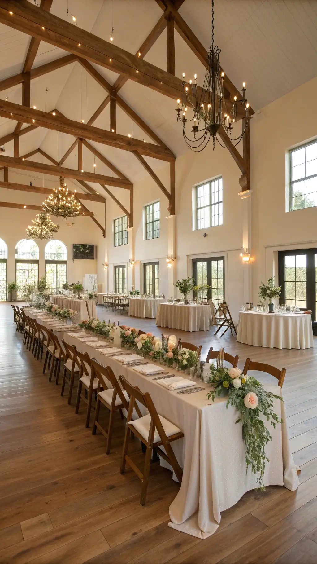 Sun-drenched wedding reception hall with soaring ceilings, exposed wooden beams, farmhouse tables with sage chiffon runners and floral arrangements, antique brass candle holders, wooden chairs with velvet ribbons, and warm light creating dramatic shadows on oak floors.