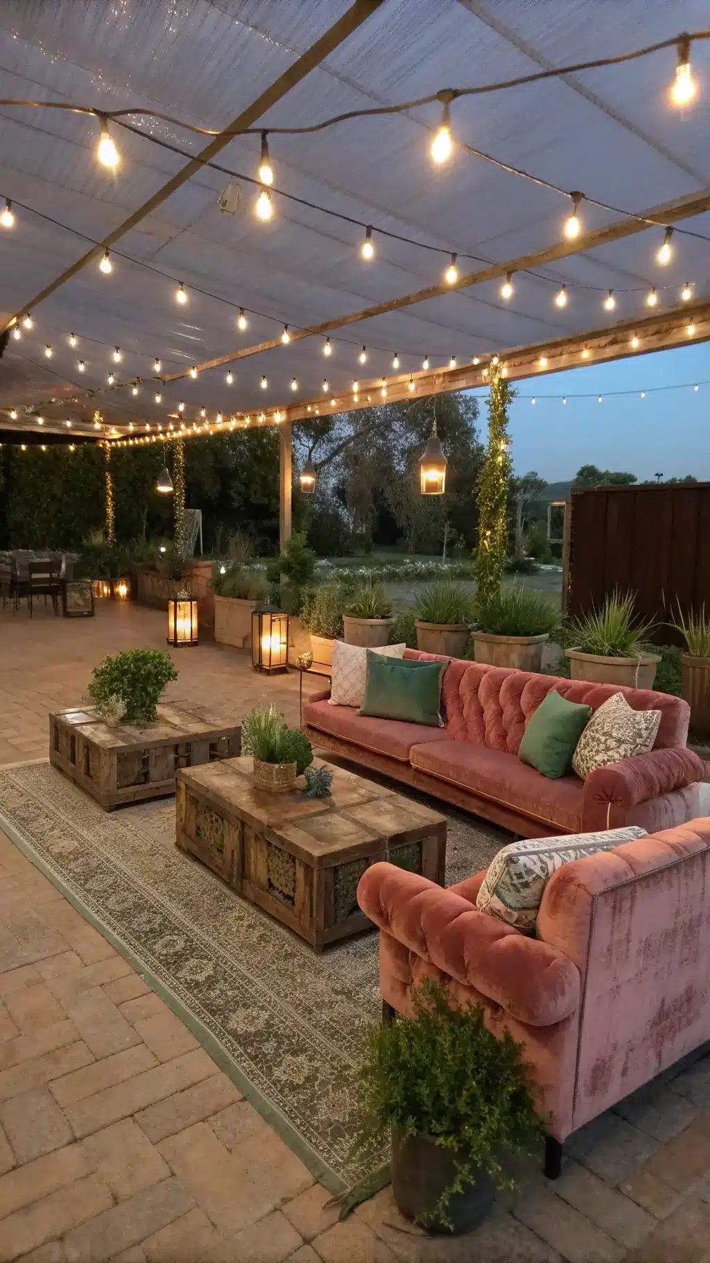 Twinkling string lights over vintage dusty rose velvet sofas and reclaimed wood coffee tables topped with geometric terrariums, sage colored throw blankets, rosemary plants in terracotta pots, and Moroccan lanterns casting intricate shadows in a 20x15 feet patio lounge during dusk.