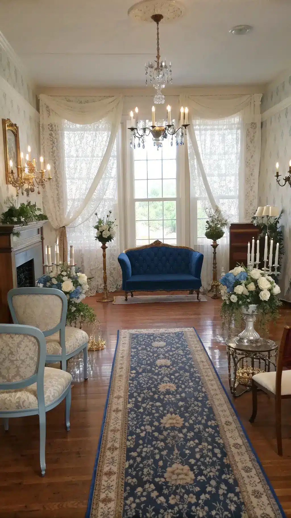 Vintage parlor setting with blue velvet settee as altar backdrop, mismatched vintage chairs, layered Persian rugs, tall brass candelabras, low floral arrangements, silk ribbons from a chandelier, antique gold picture frames, and afternoon light filtering through lace curtains.