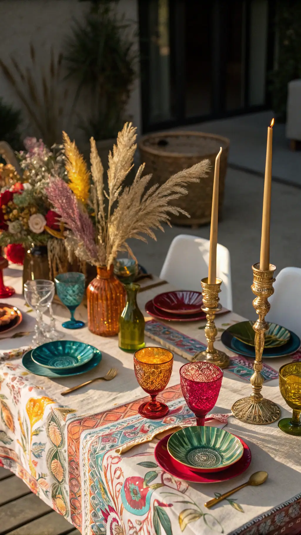 Overhead view of a maximalist reception table styled with vibrant colors, mismatched vintage glassware, patterned tablecloths, dried botanical arrangements and brass candlesticks, accentuated by dramatic side lighting.