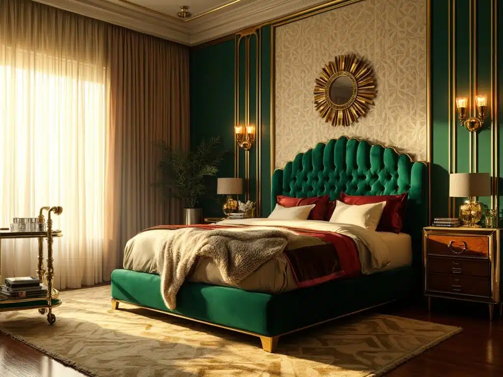 "Luxurious Art Deco bedroom with emerald velvet scalloped headboard, brass sconces, sunburst mirror, geometric wallpaper and jewel toned accents"