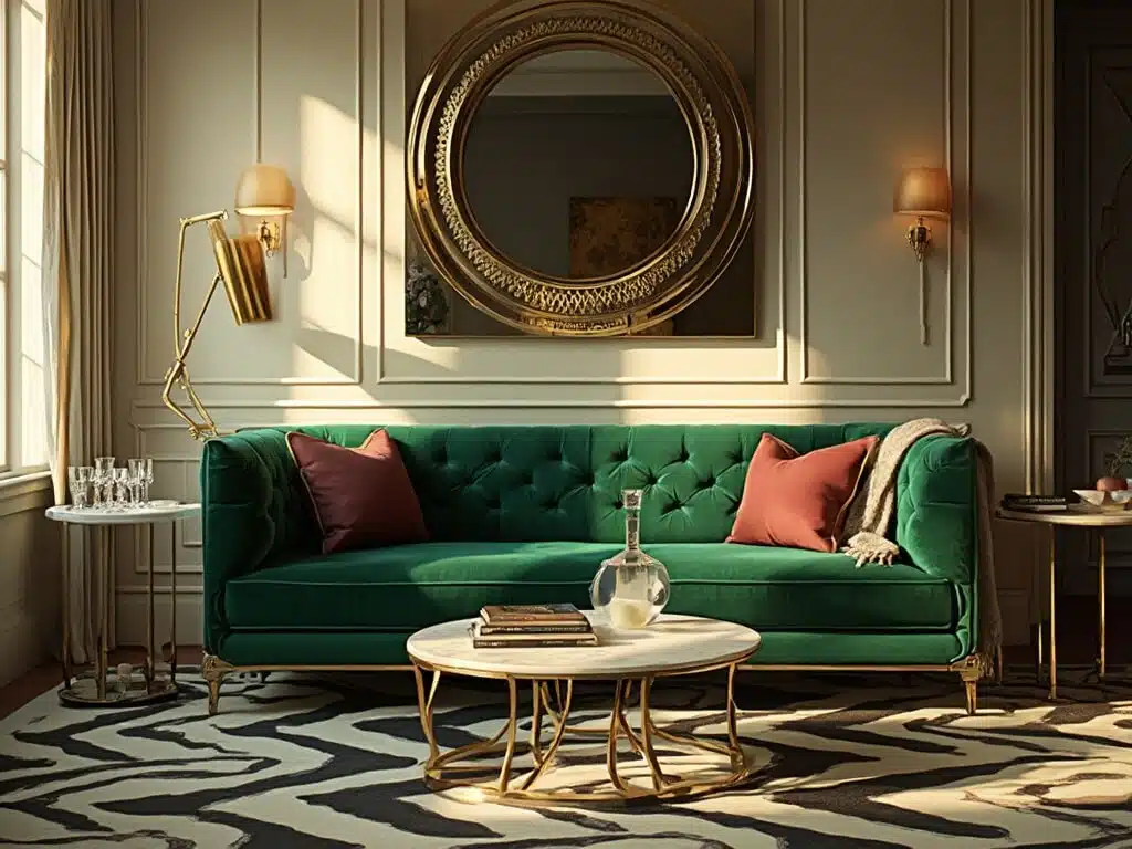 "Art Deco living room with emerald velvet sofa, marble tables, and golden sunlight"