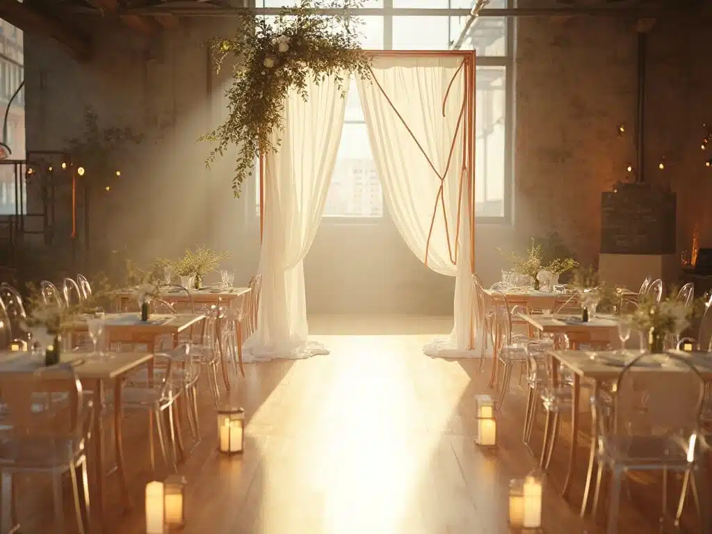 "Minimalist wedding ceremony setup in an art gallery with copper geometric arch, draped white chiffon, eucalyptus sprigs, transparent chairs and warm fairy lights"