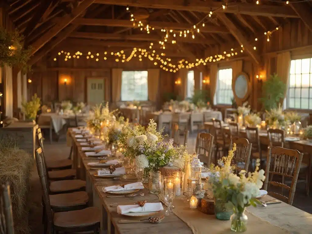 "Rustic country wedding reception in a barn with wooden tables, mason jar wildflower centerpieces, string lights, and vintage decor at golden hour"