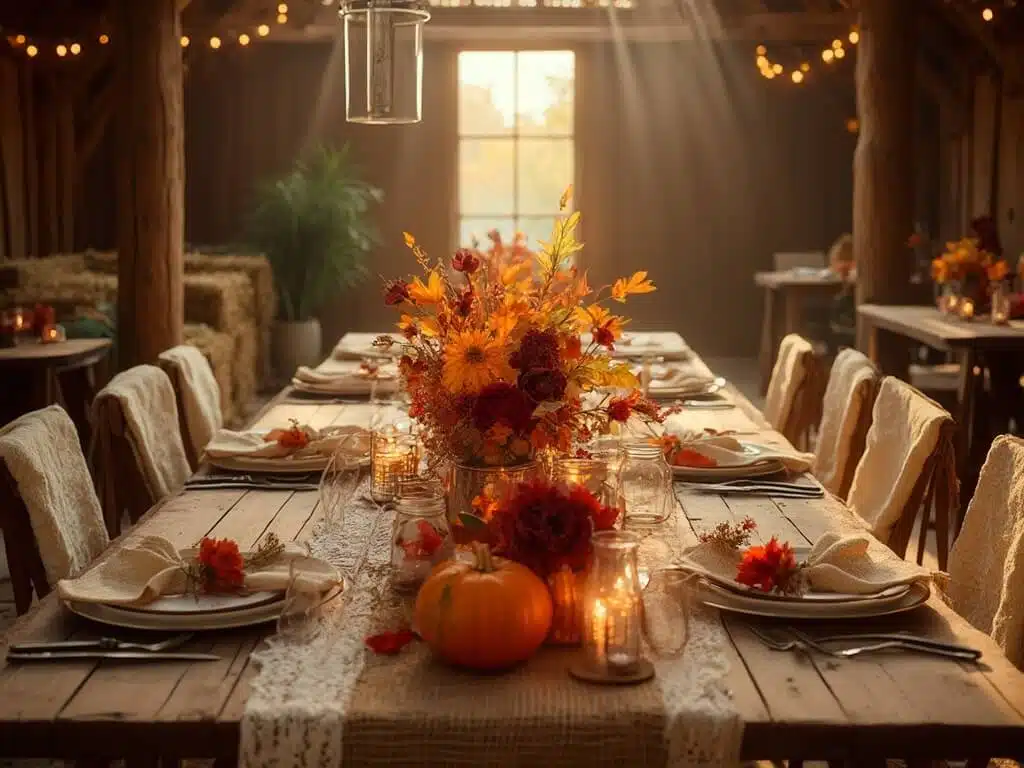"Rustic fall wedding decor with wooden arch, burgundy foliage, mason jars, hay bales, and pumpkins on a weathered barn floor during golden hour."