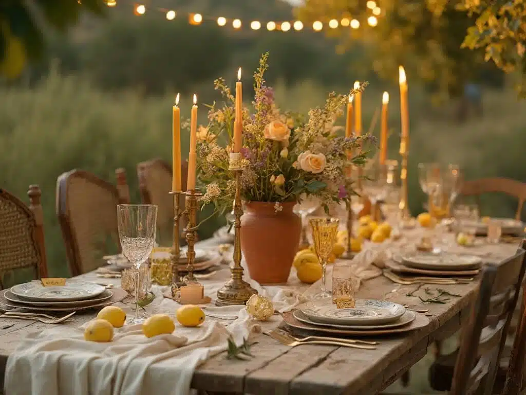 "Rustic Italian wedding tablescape with olive branches, lemons, and terracotta candles during golden hour"