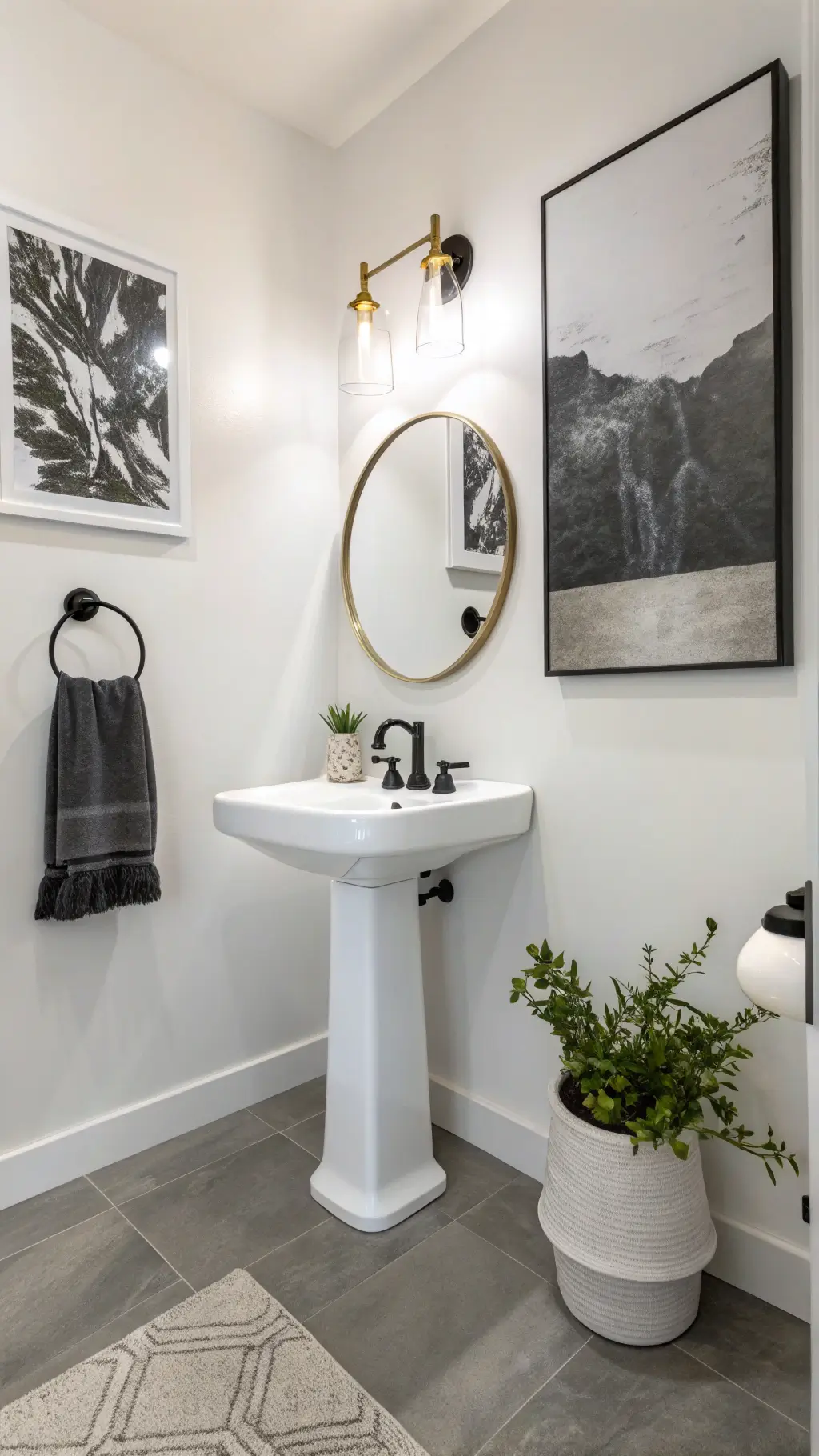 Modern minimalist half bathroom with white pedestal sink, black fixtures, gray floor tiles, large abstract black and white art, brass sconce, green ceramic vase with single plant stem, lit by soft morning light.