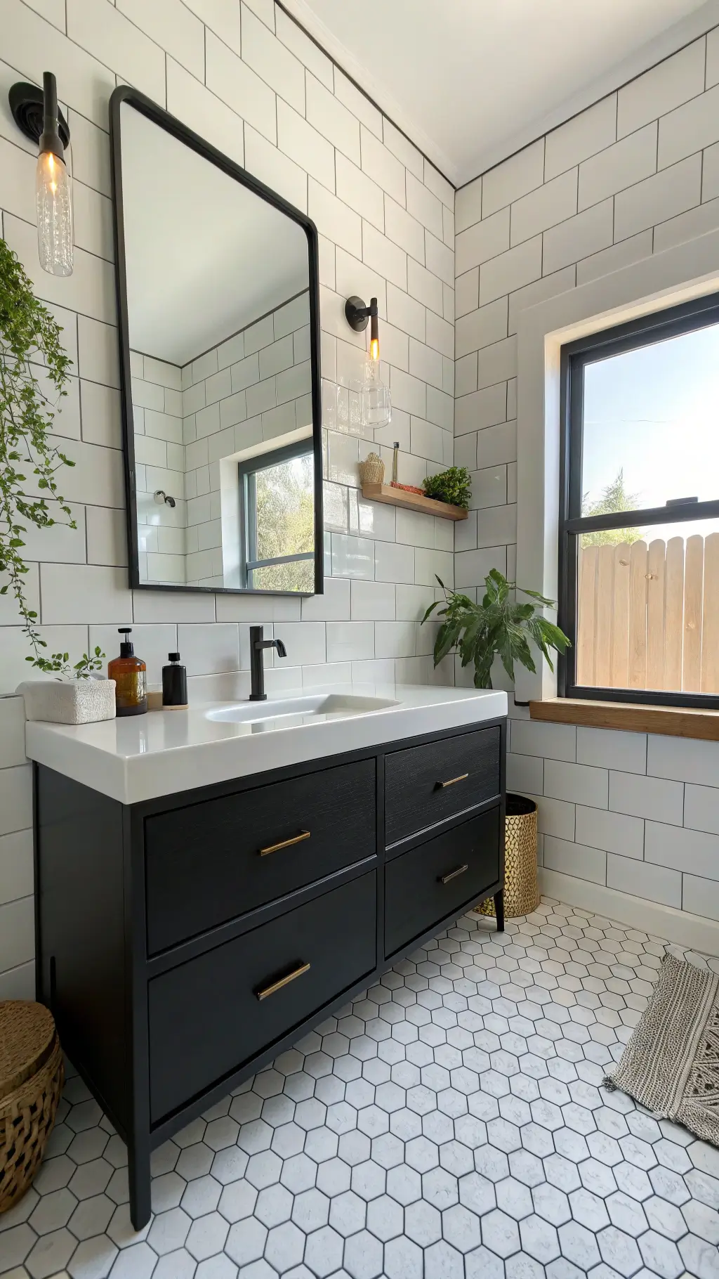 Minimalist bathroom interior with black vanity, white subway tiles, geometric floor tiles, brass wall sconces, and a snake plant, illuminated by soft natural light