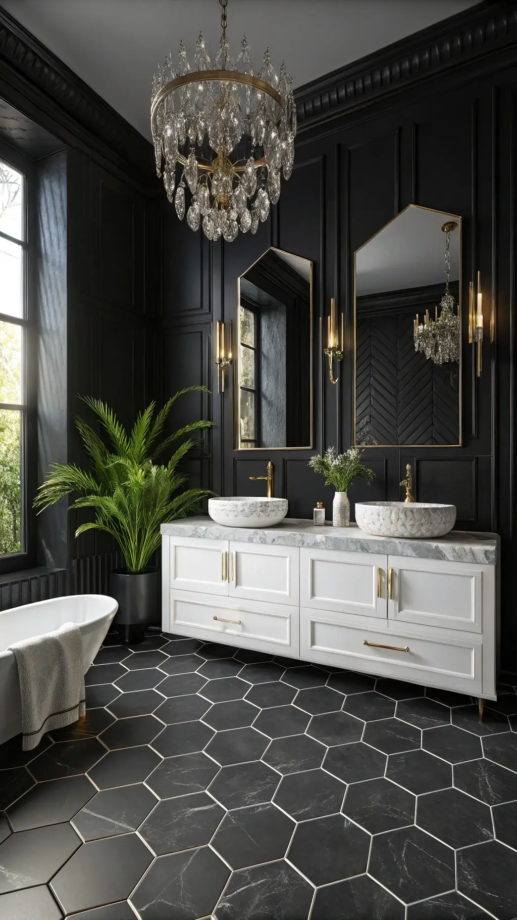 Dramatic luxury black and white bathroom with hexagonal floor tiles, shiplap walls, marble double vanity, gold-rimmed sinks, crystal chandelier and a green plant