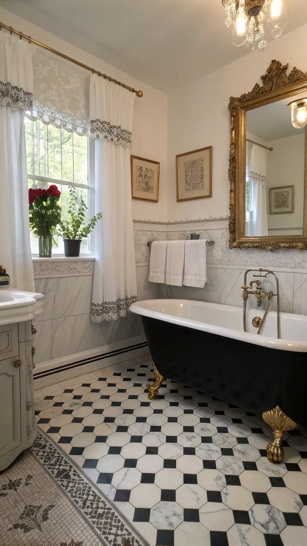 Victorian-inspired black and white bathroom with checkered marble flooring, a clawfoot bathtub, gold-framed mirror, lace curtains, and brass fixtures during the golden hour