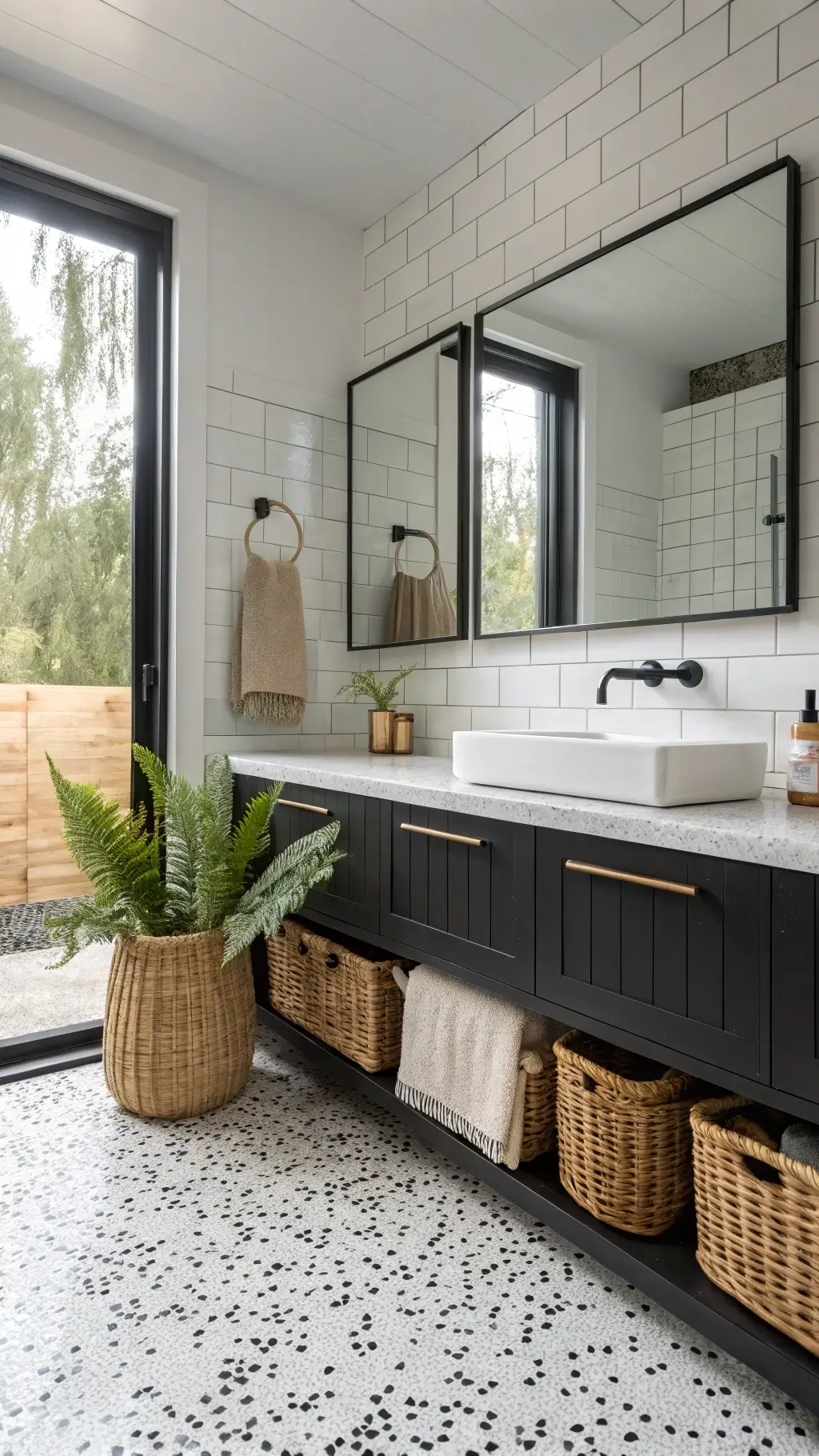 Scandinavian minimalist bathroom with terrazzo floor, white subway tiles, black cabinets, brass hardware, linen towels, and a potted fern in soft morning light.