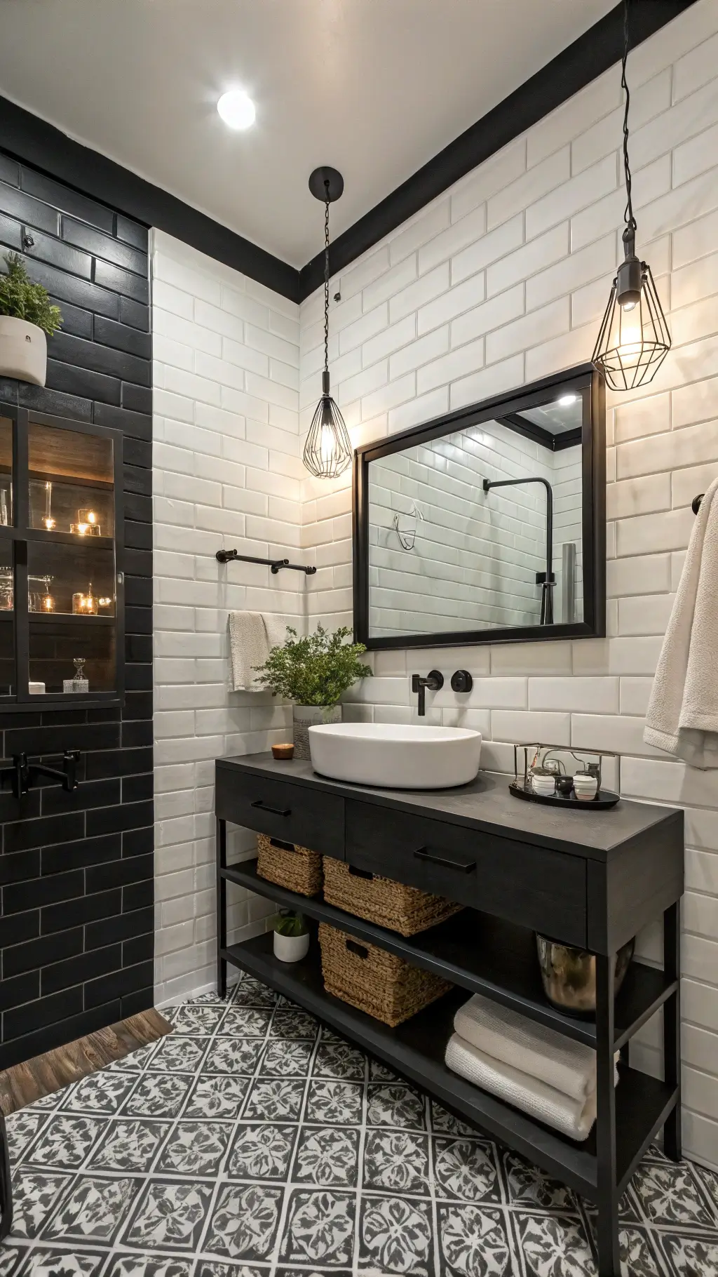 Modern industrial black and white bathroom interior with black brick wall, white subway tiles, black geometric tile on concrete floor, metal fixtures and shelves, large mirror, and hanging pendant lights