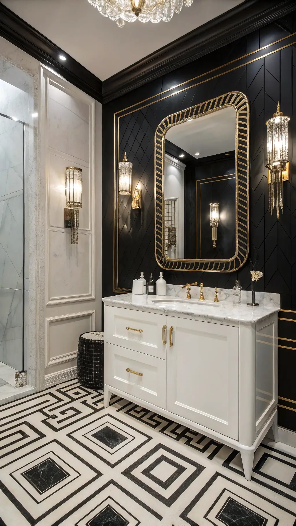 Art Deco black and white bathroom with geometric floors, marble vanity, gold-trimmed mirror, crystal sconces, and vintage accessories under glamorous lighting