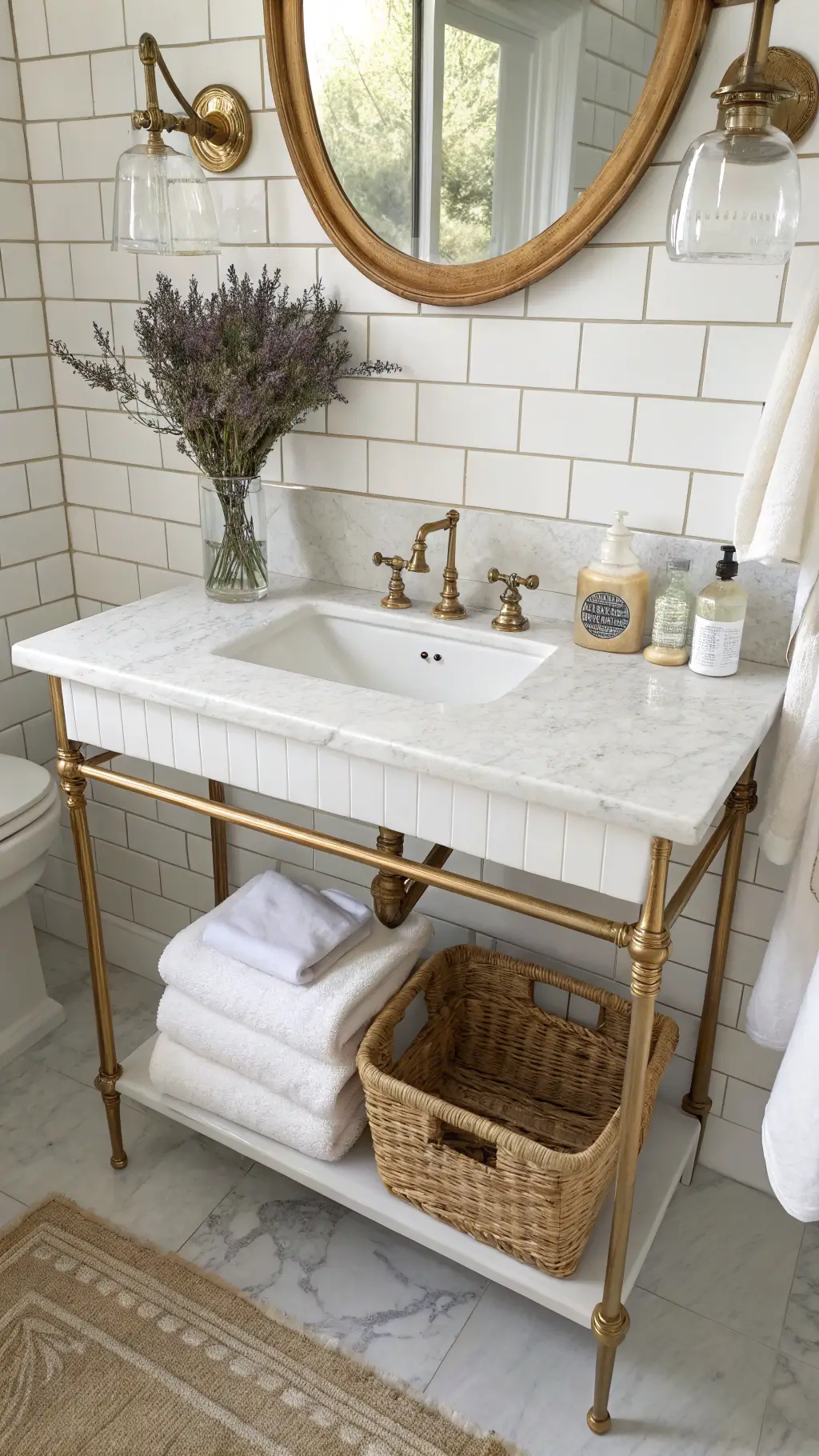 Classic cottage bathroom with white console sink, brass vintage faucet, marble countertop with glass soap dispensers, lavender sprigs in an antique vase, and towels in a woven basket, illuminated by natural side lighting.