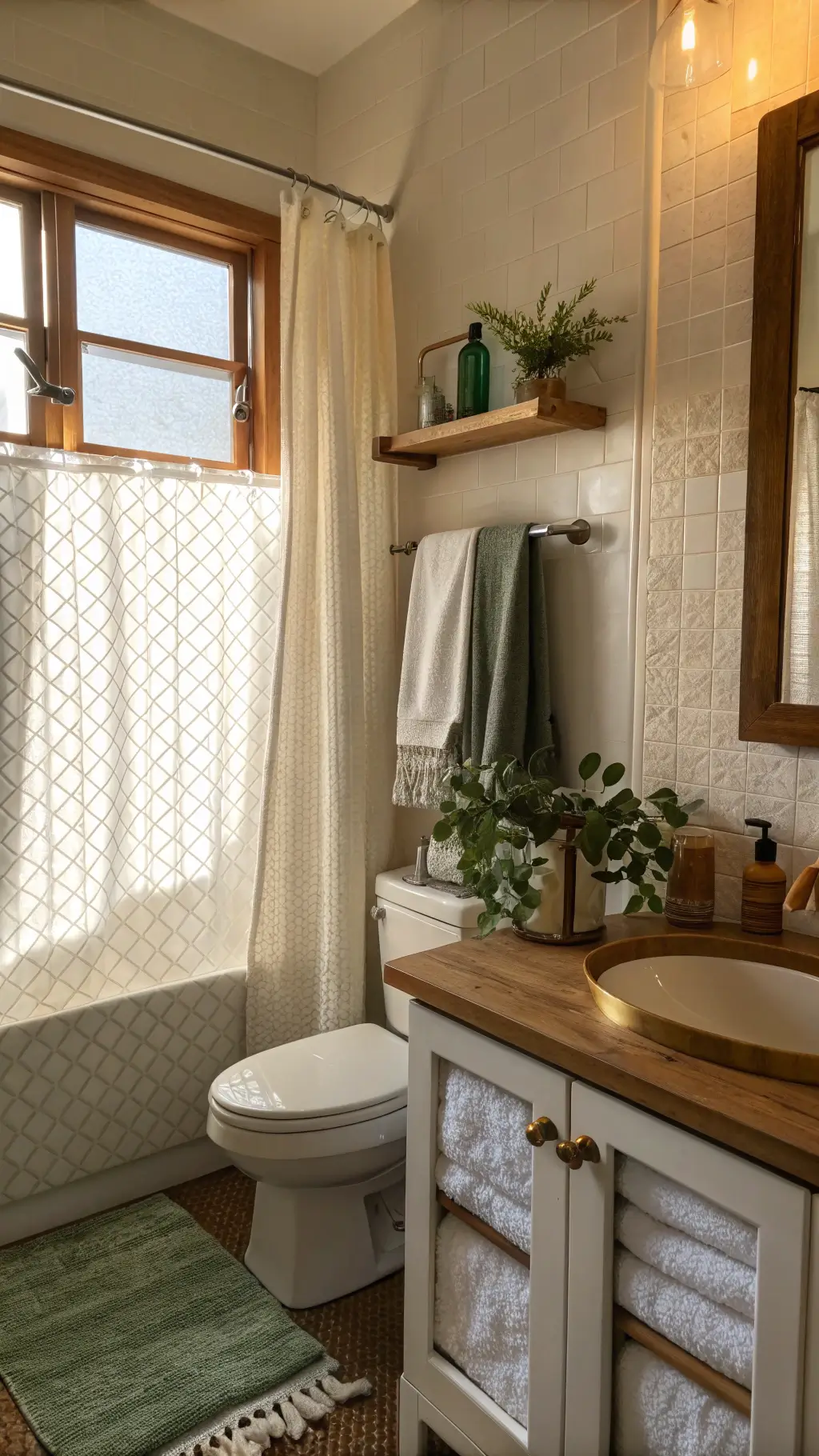 Minimalist spa-like bathroom with warm lighting, white shower curtain, sage green towels, wooden shelf with amber glass bottles, eucalyptus plant, and vanity area with frameless mirror and monochromatic accessories.
