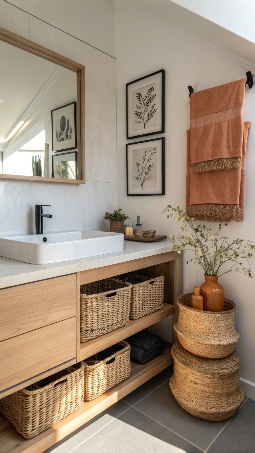 Cozy minimalist bathroom with light wood vanity, woven storage baskets on shelves, black towel hooks with terracotta towels, and spa-like LED lighting