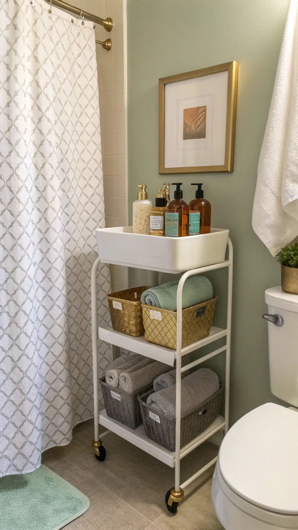 Renter-friendly bathroom featuring vertical storage, brass hooks, minimal art, decanted product bottles, and sage green accents in warm light.