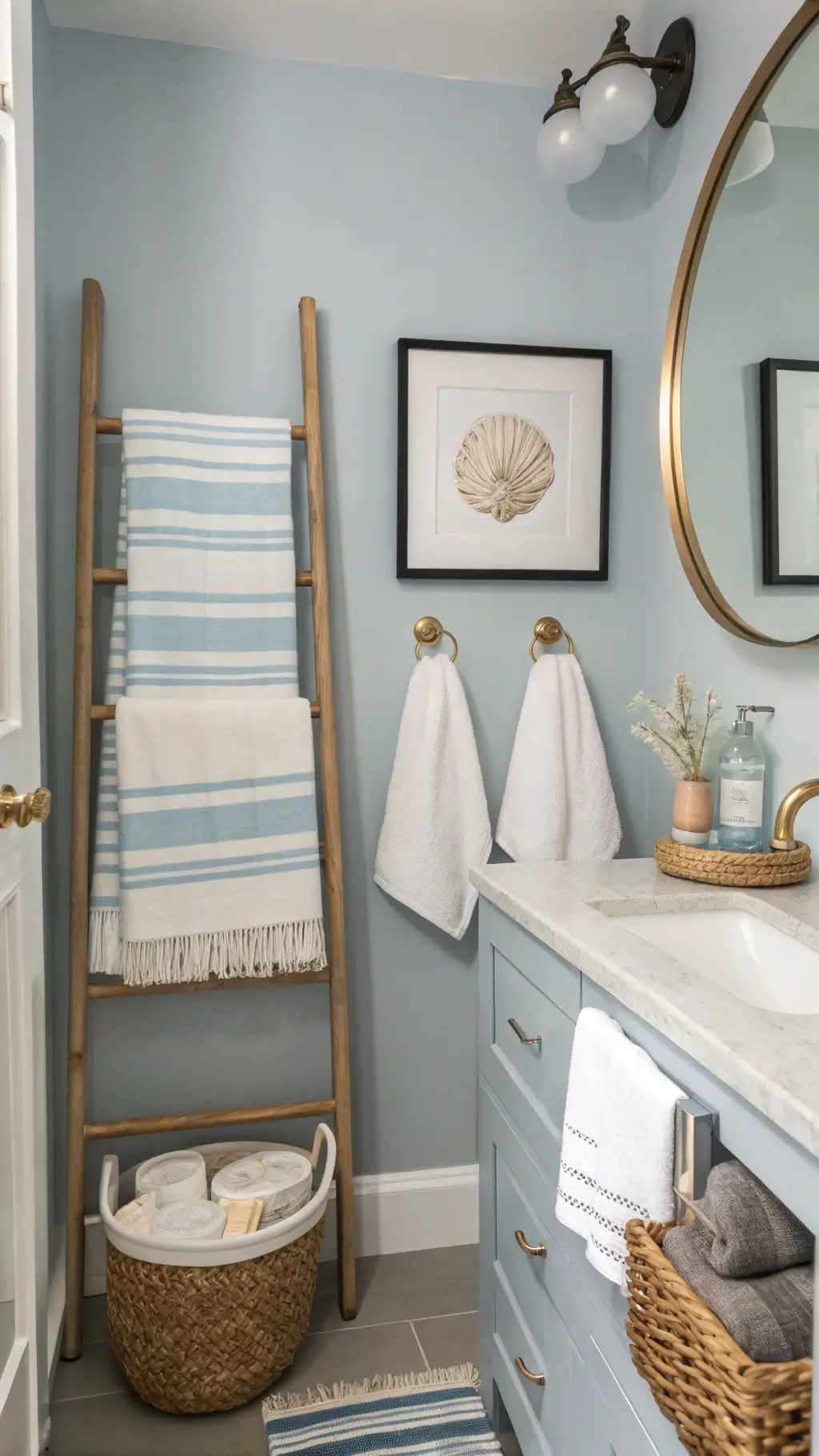 Coastal minimalist styled compact apartment bathroom with blue-gray walls, Turkish cotton towels on wall-mounted ladder, brass-framed round mirror, seashell art print, woven storage basket, clear glass and brass bathroom accessories, and soft morning light.