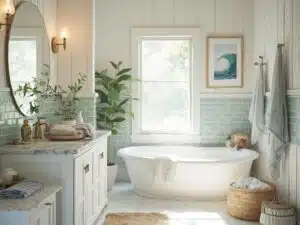 "Coastal bathroom with white shaker-style vanity, marble countertop, brass fixtures, rattan accessories, and soft morning light illuminating the serene setup"