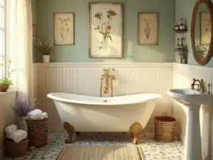 "Creamy white clawfoot tub in a rustic cottage bathroom with vintage decor, bathed in soft morning sunlight."