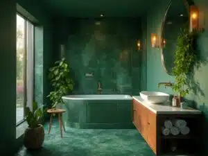 "Luxurious dark green bathroom with emerald zellige tiles, brass fixtures, walnut vanity, white marble countertop, and cascading pothos plant, evoking a spa-like atmosphere"