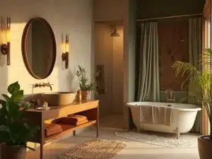 "Earthy spa bathroom with teak vanity, stone vessel sink, river stone tiles, brass fixtures, pothos plants, and terracotta towels bathed in soft natural light."