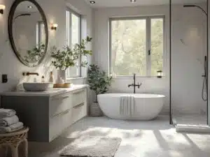 "Luxurious modern grey bathroom with marble tiles, brass fixtures, eucalyptus décor, and warm lighting."