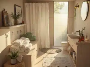 "Spa-like apartment bathroom with sage towels, woven baskets, amber bottles, eucalyptus, and warm lighting."