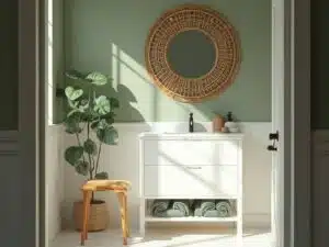 "Sage green bathroom with white vanity, rattan mirror, eucalyptus, pothos plant, seagrass baskets, and wooden stool on serene background"