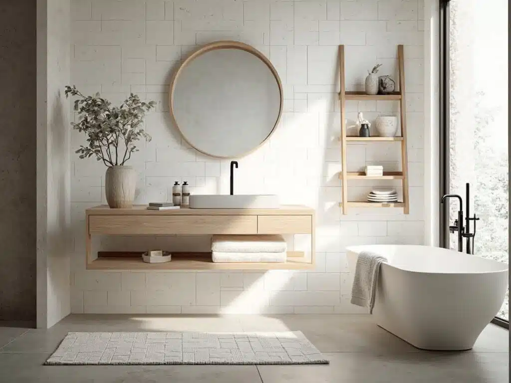"Scandinavian spa bathroom with light oak vanity, white subway tiles, matte black fixtures, circular mirror, eucalyptus branch, white towels, concrete floors, frosted window with morning light, snake plant in a ceramic vase, wooden ladder shelf, minimalist accessories with a warm neutral palette, soft shadows offering a serene atmosphere, and a textured linen bath mat in a nordic design."