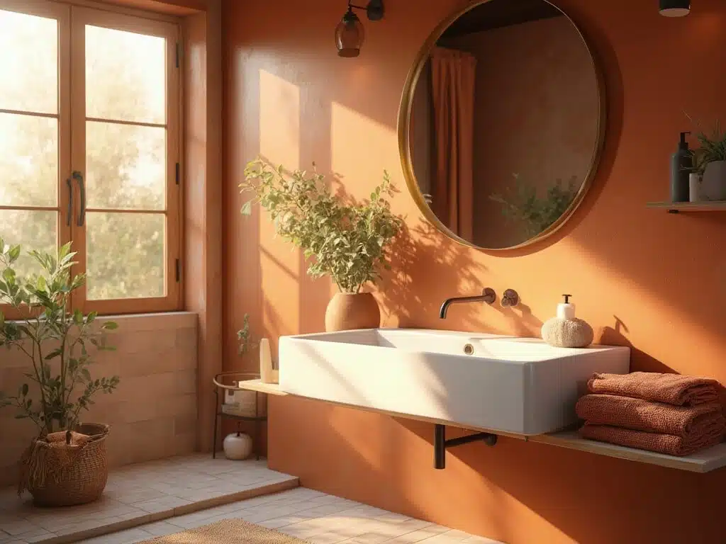 "Luxurious Mediterranean bathroom with terracotta feature wall, brass fixtures, white porcelain vanity, and eucalyptus decor captured in warm golden hour lighting."